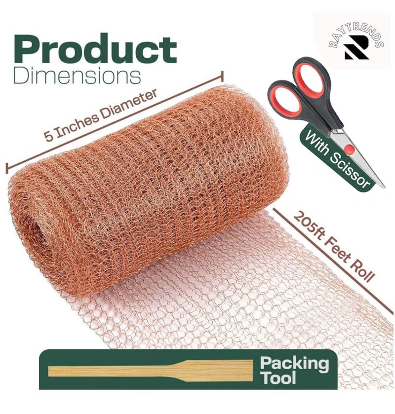 RAYTRENDS 3rd Gen Copper Mesh Rodent Control Kit 5" x 205ft, 100% Premium Copper Wool for Sealing Holes & Water Gaps, Blocks Slugs, Snails, Mice & Pests – with Scissors & Packing Tool - Image 2